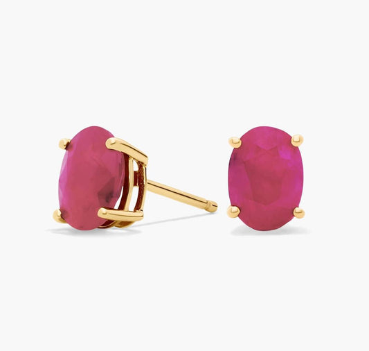 Oval Birthstone Ruby Stud Earrings In 14K Yellow Gold (7x5mm)