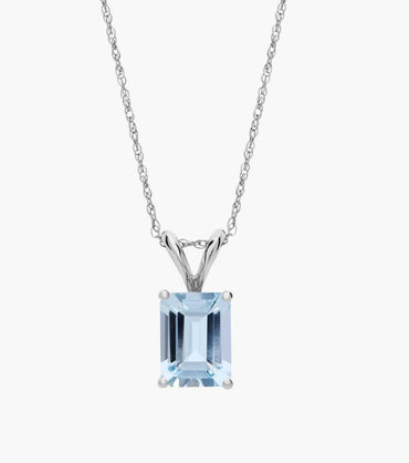 Emerald Cut Birthstone Aquamarine Pendant Necklace In 14K White Gold (8x6mm)
