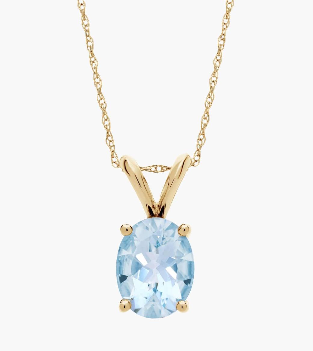 Oval Birthstone Aquamarine Pendant Necklace In 14K yellow Gold (9x7mm)
