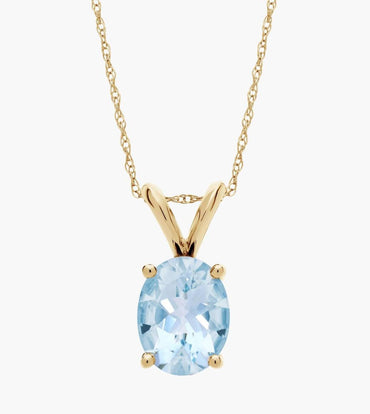 Oval Birthstone Aquamarine Pendant Necklace In 14K yellow Gold (9x7mm)