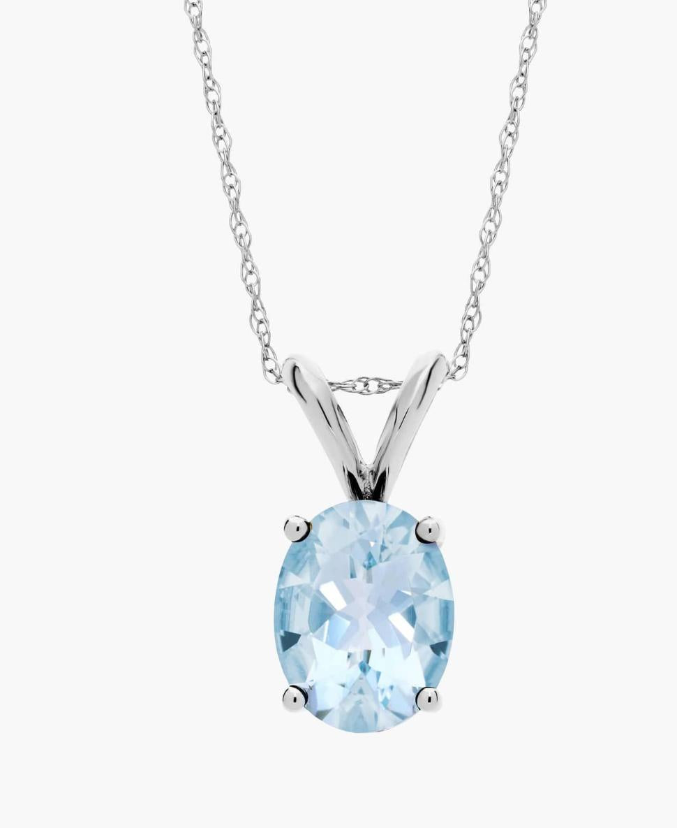 Oval Birthstone Aquamarine Pendant Necklace In 14K yellow Gold (9x7mm)